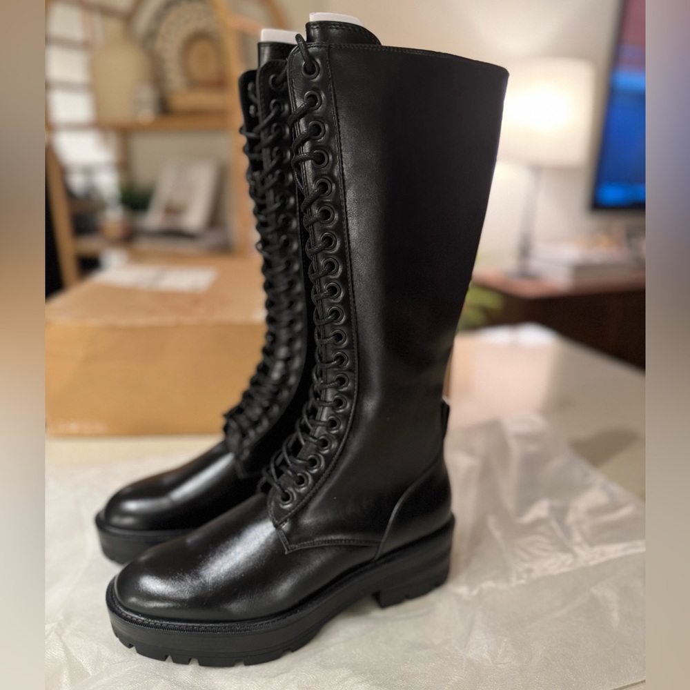 Zara Black Lace Up Zip Up Platform Combat Boots Size 6.5